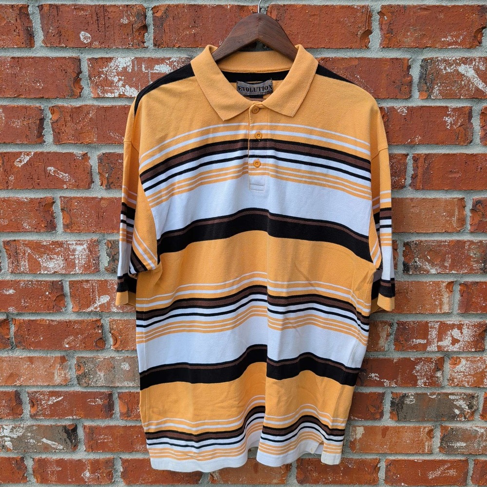 Evolution In Design Polo Shirt Mens XL Yellow Striped 90s Streetwear Cotton
